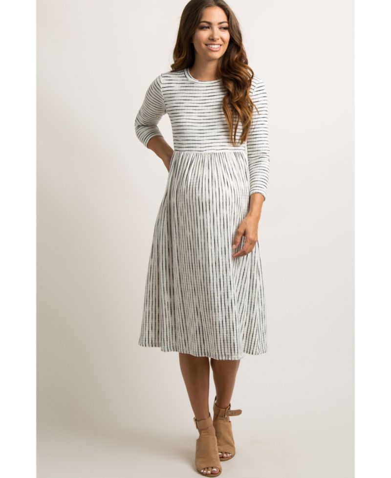 Women's Ivory Ribbed Striped Midi Dress