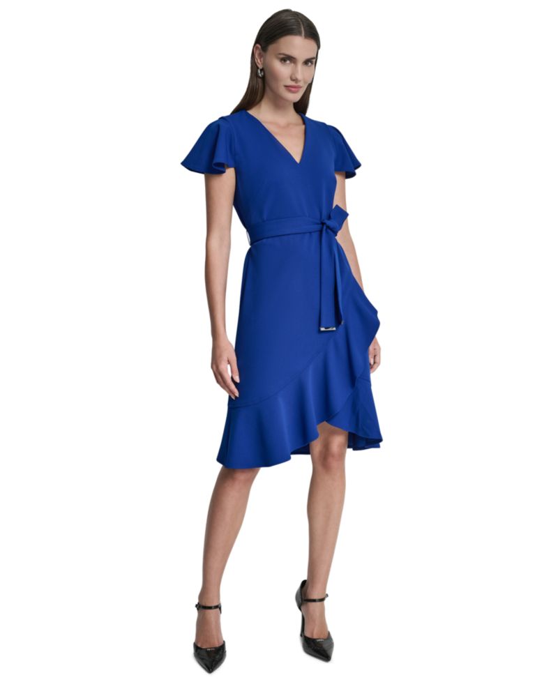 Women's Flutter Short-Sleeve V-Neck Faux-Wrap Dress