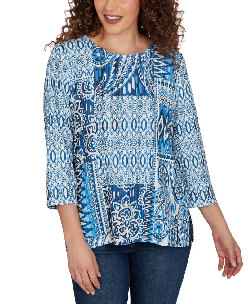 Women's Medallion Navy Patchwork Knit Top