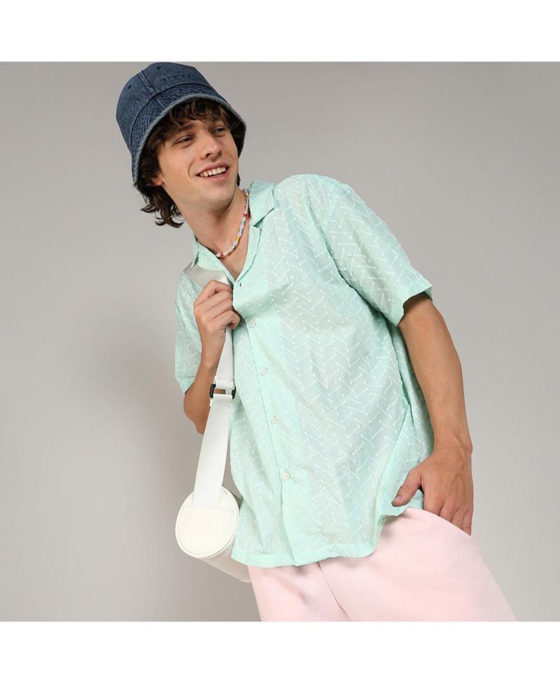 Men's Mint Green Embroidered Zig-Zag Shirt