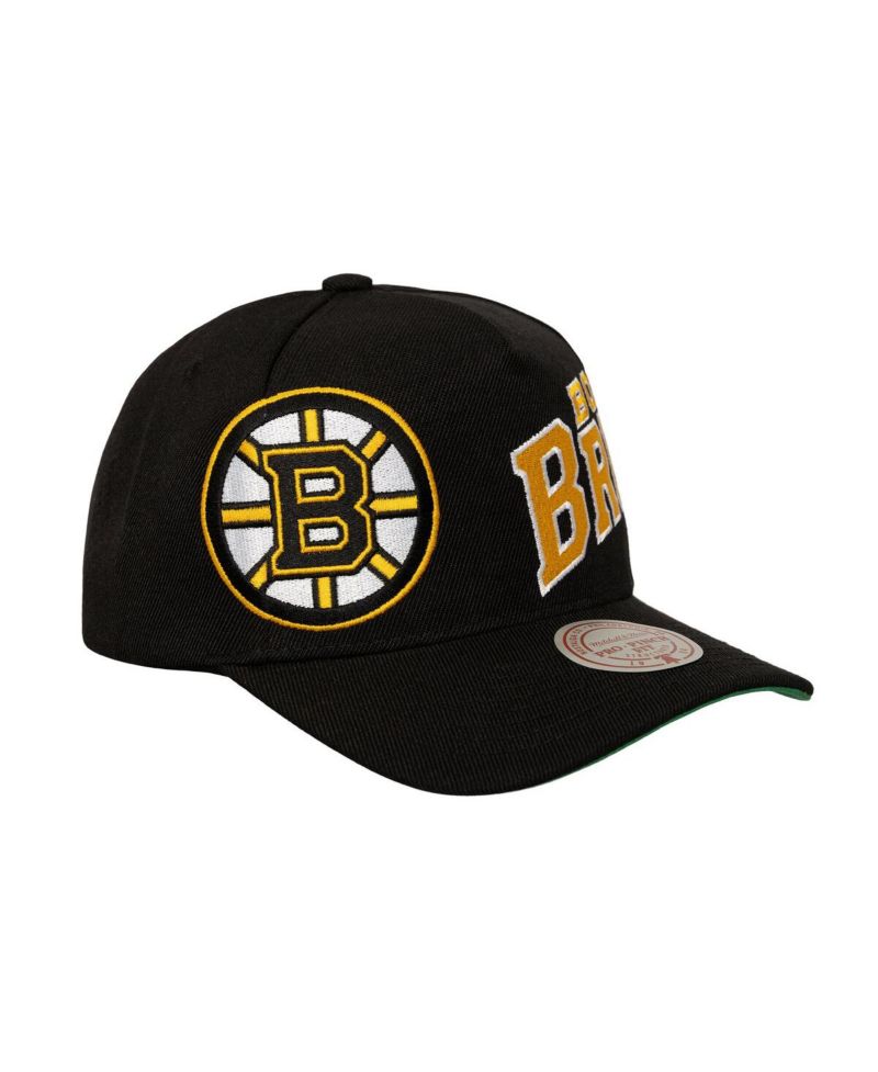 Men's Black Boston Bruins Busted Logo Wordmark Wrap-Around Pro Pinch Adjustable Hat
