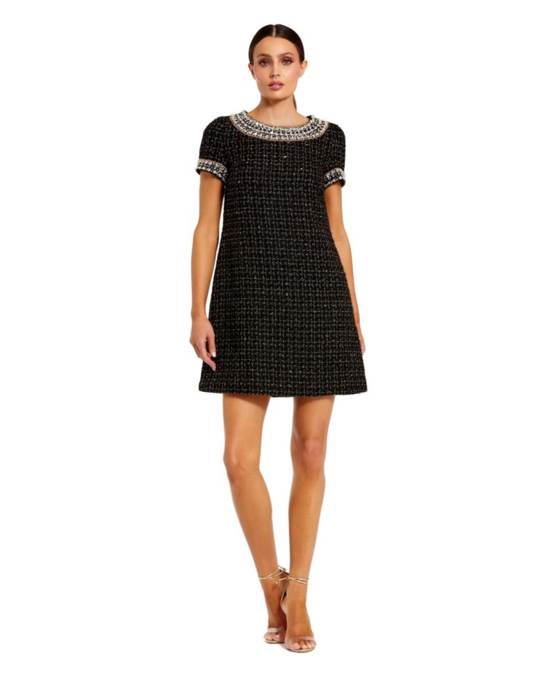 Women's Short Sleeve Boucle Mini Dress With Beading Detail