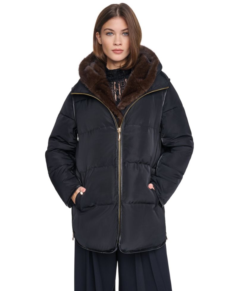 Women's Faux Fur Bibbed Hooded Puffer