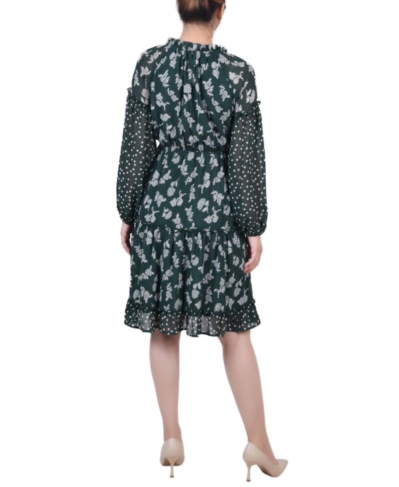 Petite Long Sleeve Combo Chiffon Dress