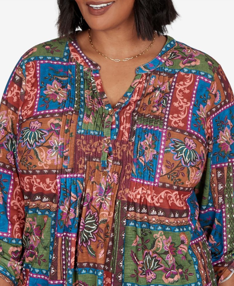 Plus Size Tapestry Floral 3/4-Sleeve Blouse