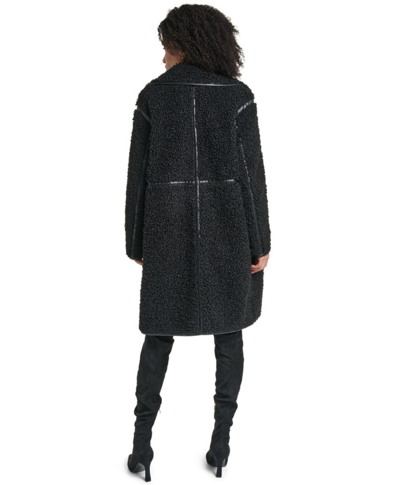Women's Faux-Leather-Trim Teddy Coat