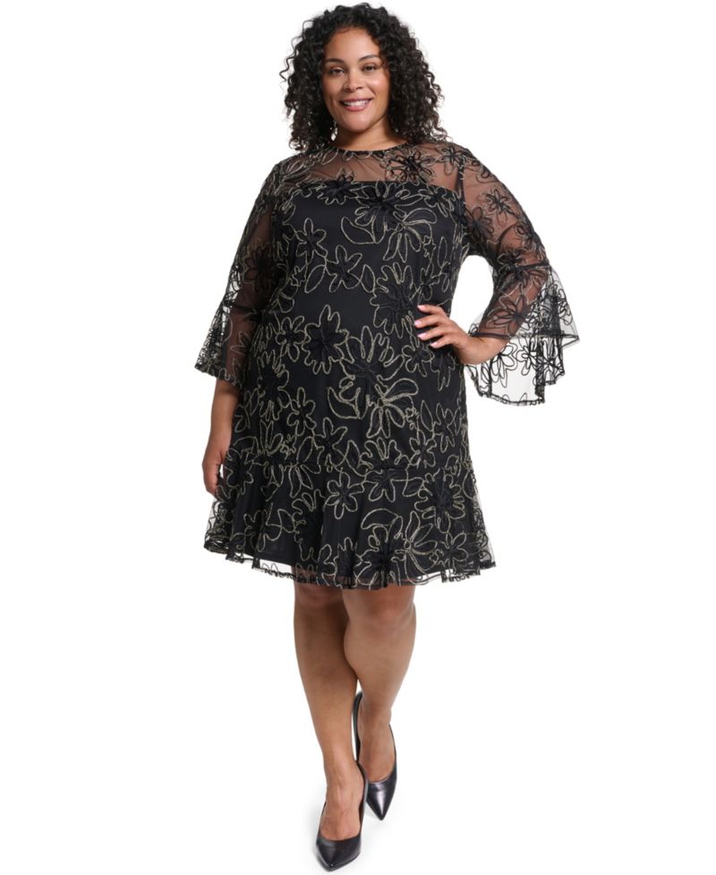 Petite A-Line Bell-Sleeve Floral-Print Dress