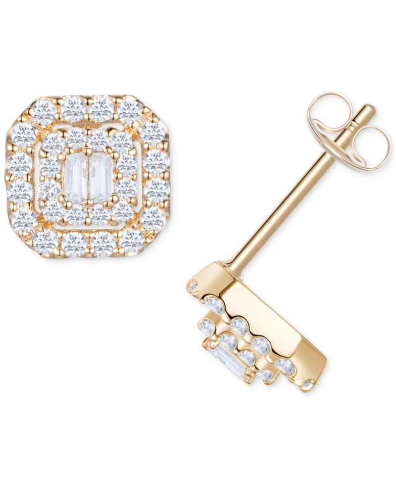 Diamond Round & Baguette Cluster Stud Earrings (1/2 ct. t.w.) in 14k White or Yellow Gold