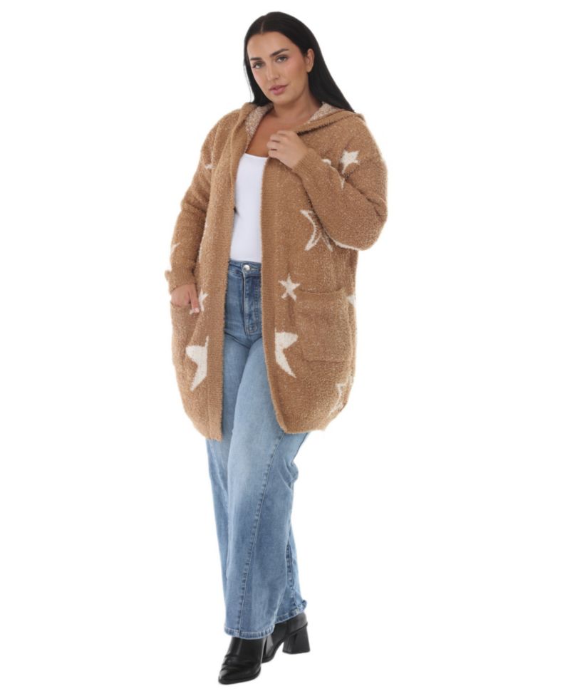 Plus Size Hooded Star-Print Sherpa Cardigan Sweater