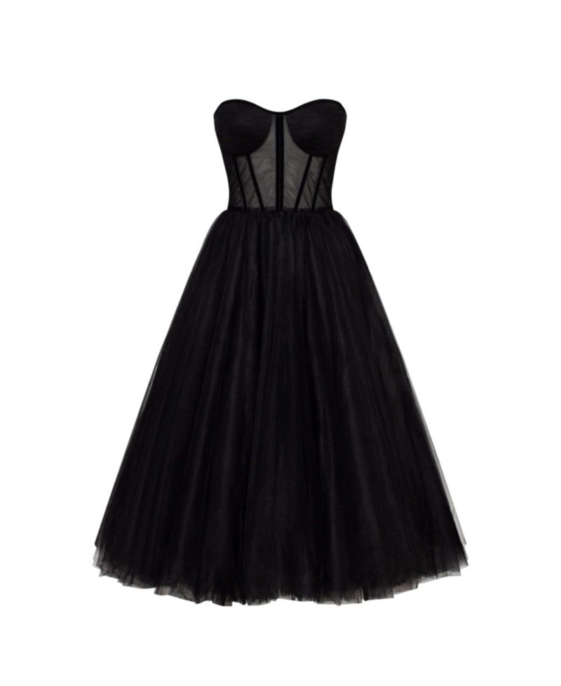 Women's Strapless Puffy Tulle Midi Formal Occasion Dress