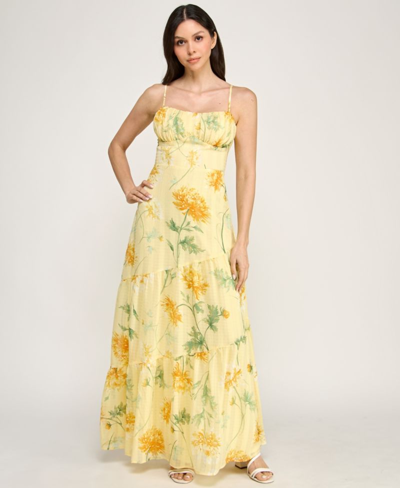 Juniors' Sleeveless Bungee Back Asymmetrical Maxi Dress
