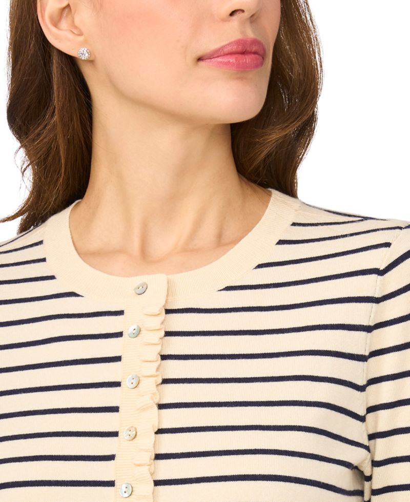 Women's Stripe Crew Neck Cardigan Sweater with Ruffle Trim