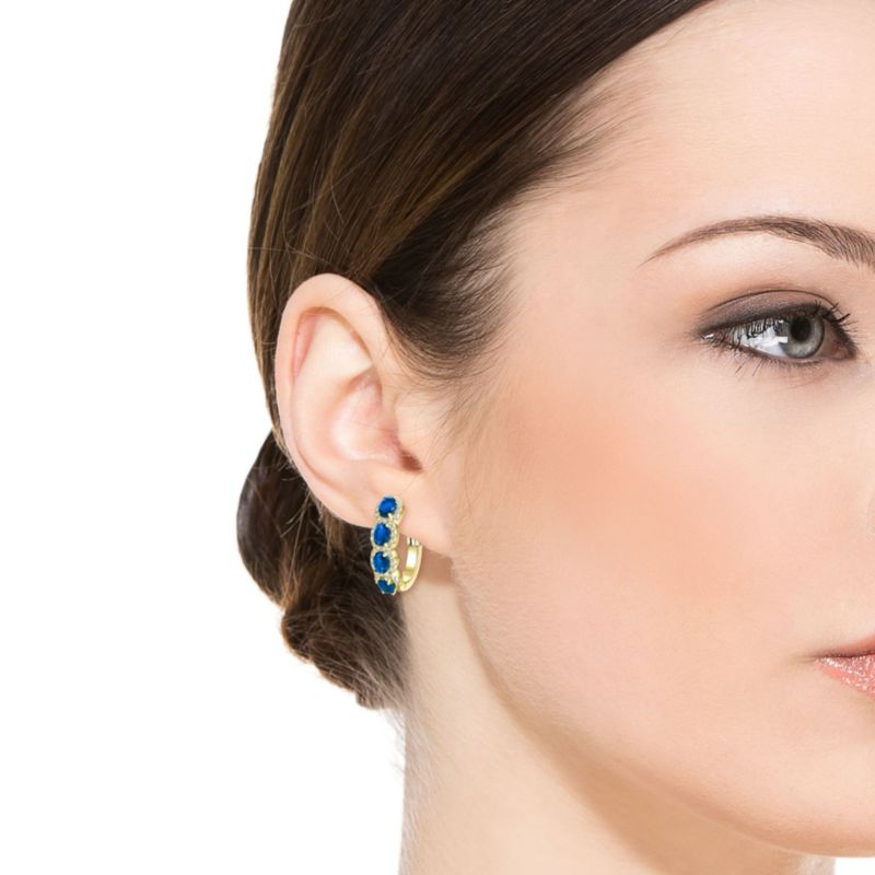 Sterling Silver 14K Gold Plated Cubic Zirconia Oblong Hoop Spring Lock Earrings.