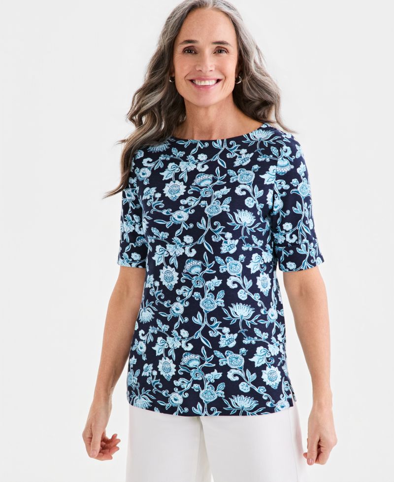 Petite Elbow-Sleeve Fresh Paisley Print Boat Neck Top
