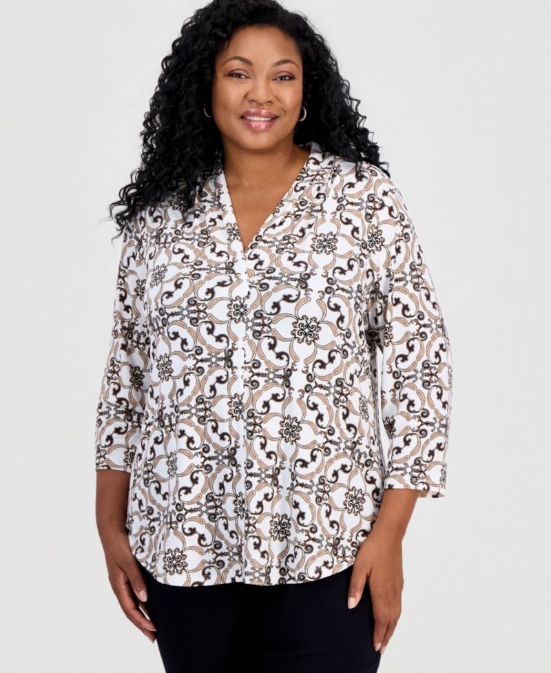 Plus Size Printed 3/4 Sleeve V-Neck Knit Top