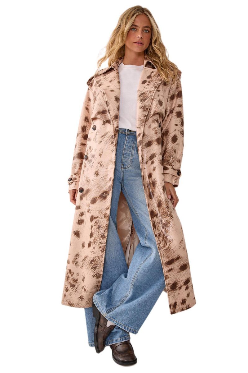 Women's Cow Print Faux Leather Trench Coat