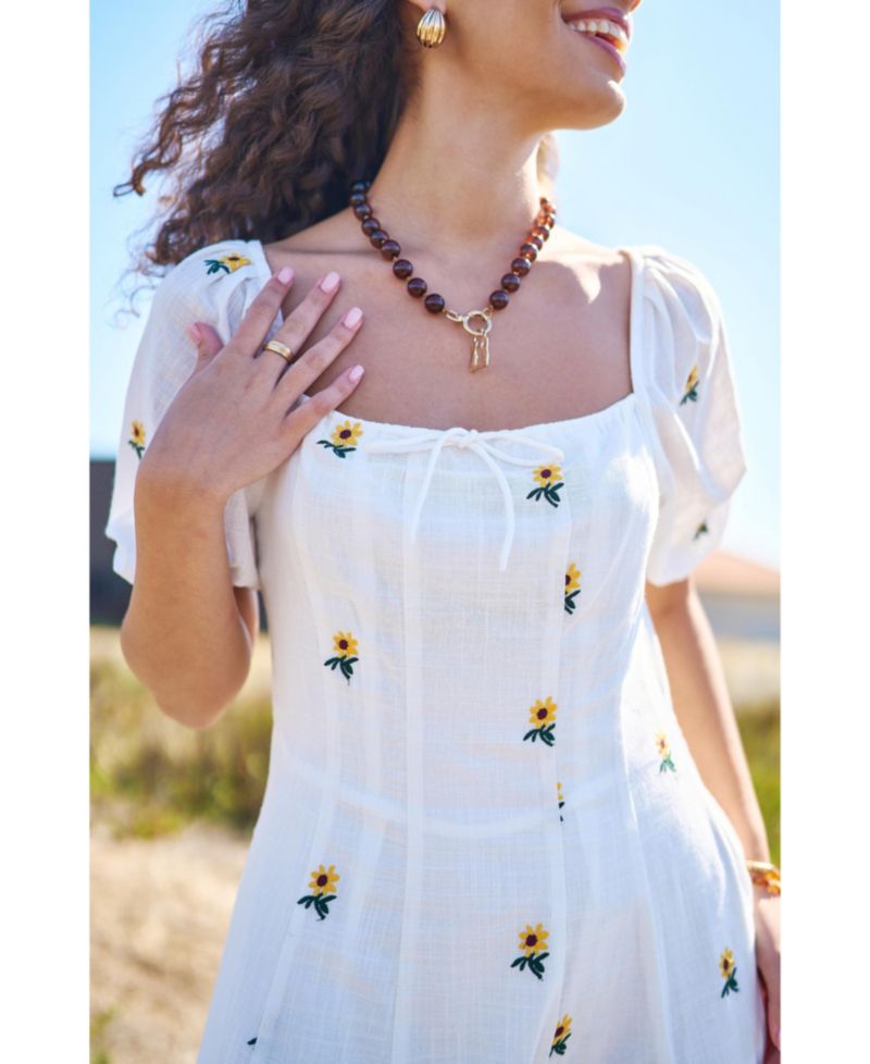 Women's Cotton Sunflower Embroidered Midi Dress