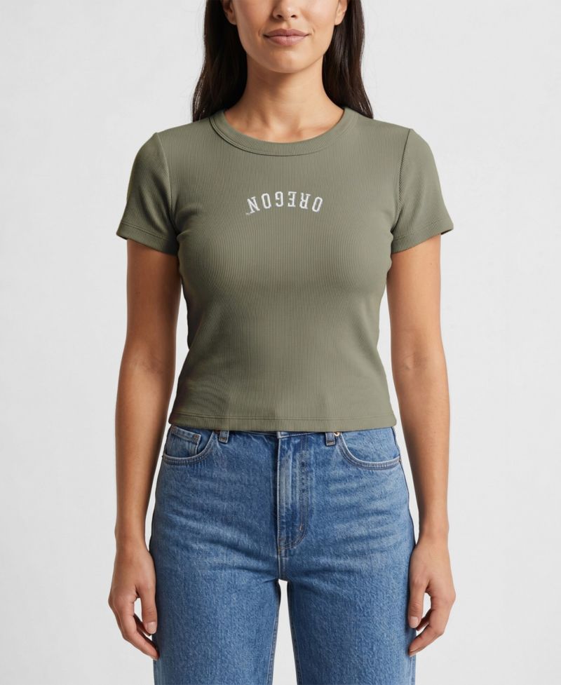 Women's Green Oregon Ducks Upside Down Embroidery Ribbed Cropped T-Shirt
