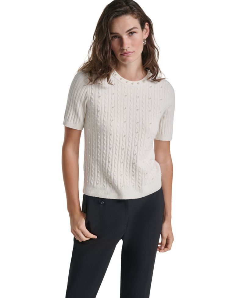 PetiteCable-Knit Crewneck Short-Sleeve Sweater