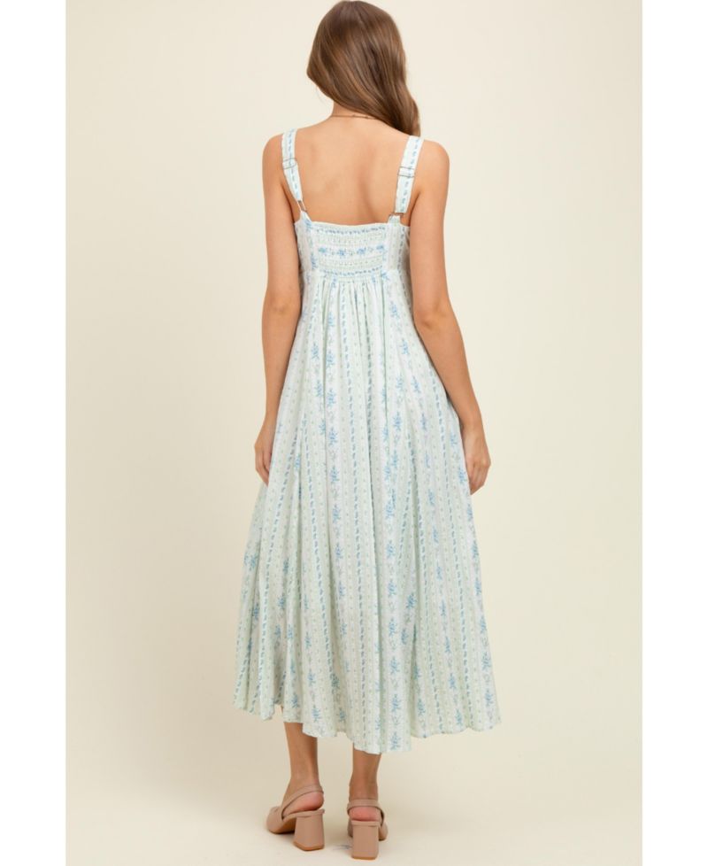 Women's Light Blue Cotton Floral Square Neck Sleeveless Maxi Dress