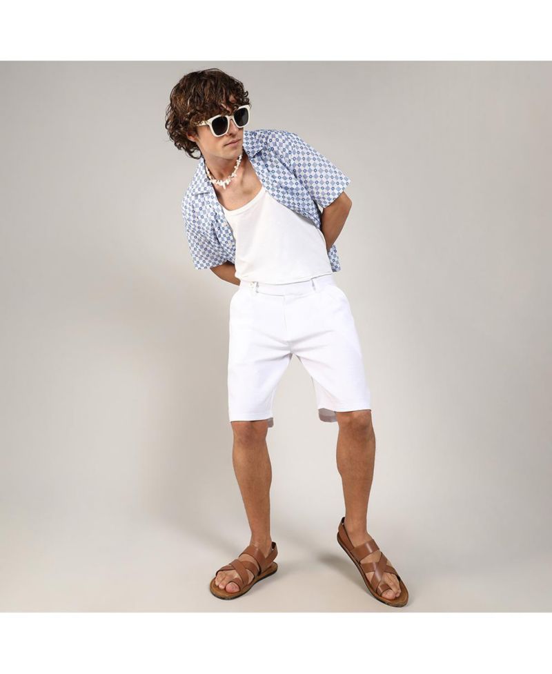 Men's Chalk White & Prussian Blue Embroidered Checkered Shirt