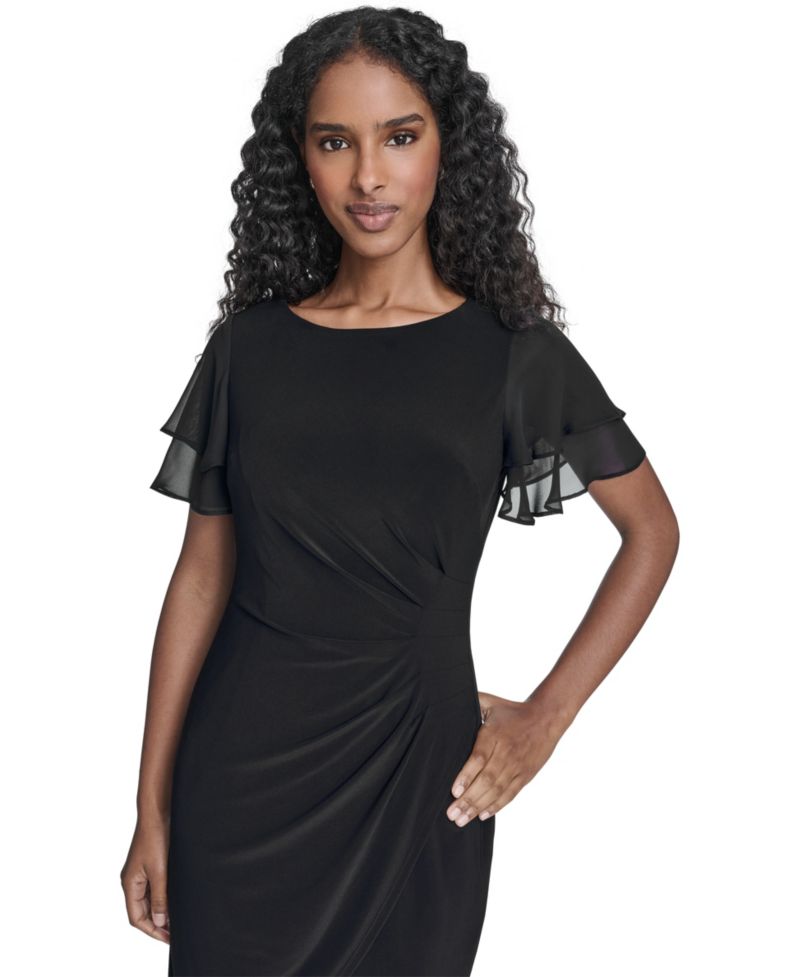 Petite Flutter-Sleeve Tuck Faux Wrap Sheath Dress