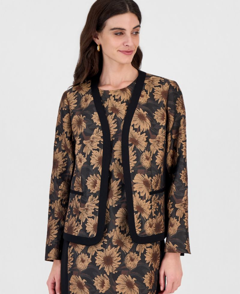 Women's Collarless Shoulder-Padded Floral Cardigan