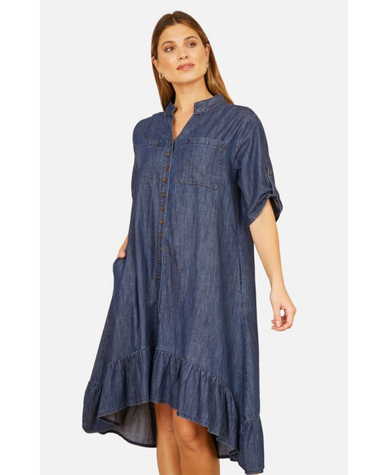 Women's Denim Dip Hem Relaxed Fit Shirt Dress