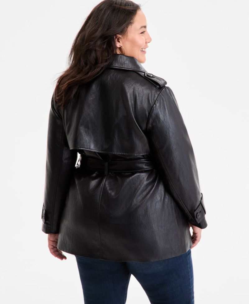 Plus Size Double-Breasted Faux-Leather Belted Trench Coat