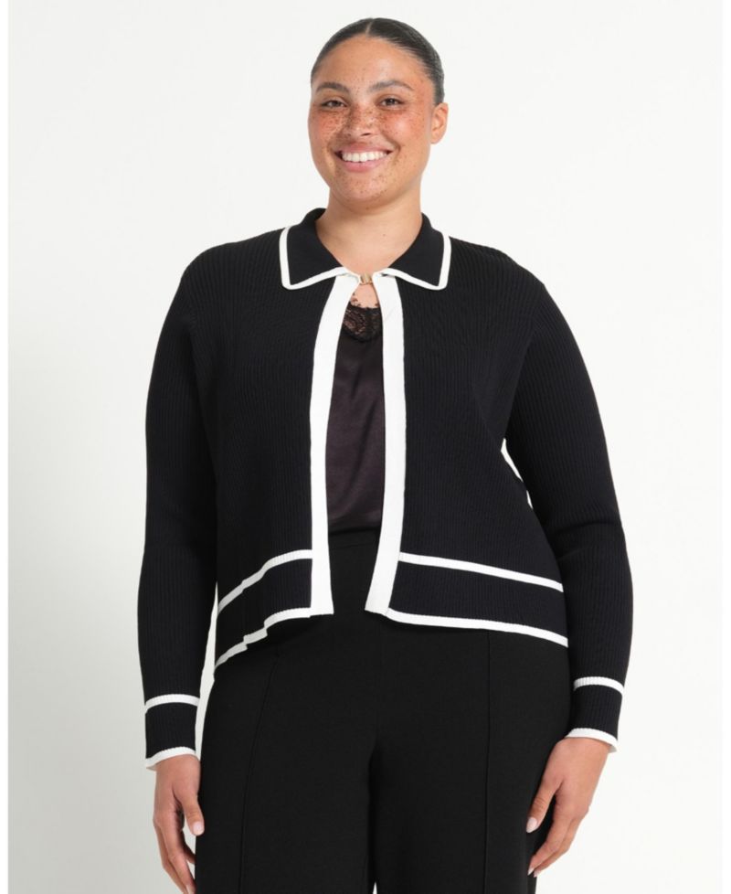 Women's Gracie Contrast Ribbed Collared Long Sleeve Cardigan