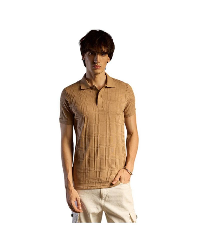 Men's Buff Beige Intertwine-Textured Polo T-Shirt