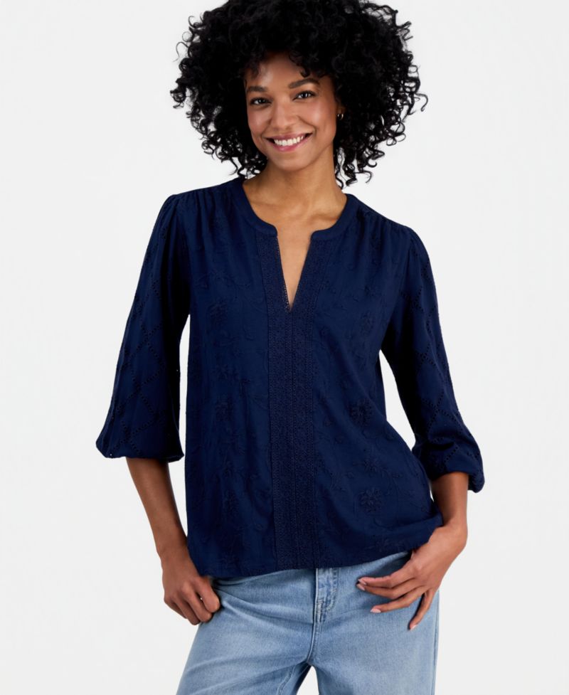 Women's Split-Neck Eyelet-Embroidered Top