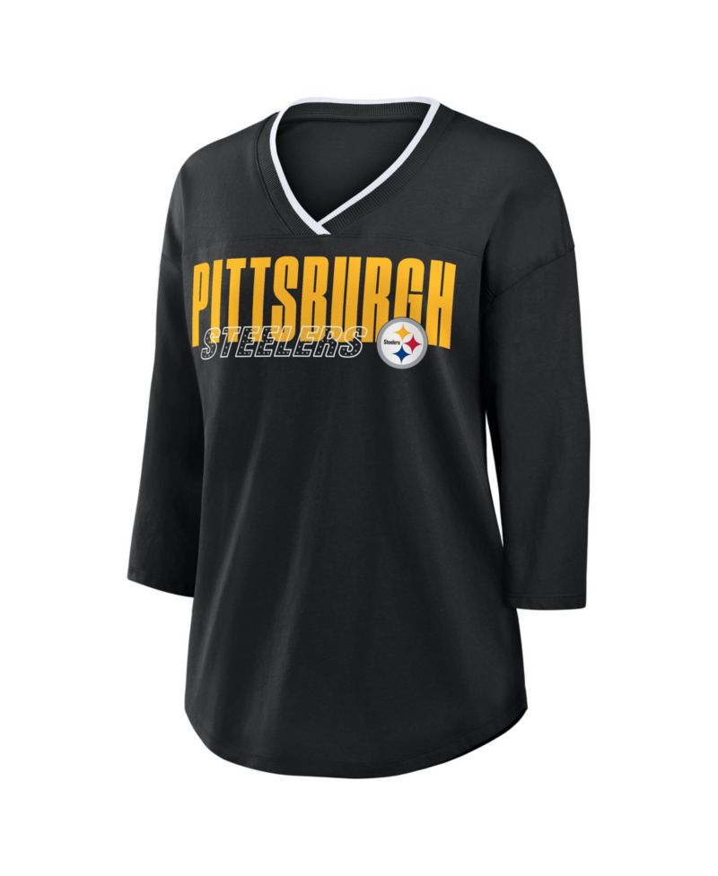 Women's Black Pittsburgh Steelers Plus Size Deceptive Juke 3/4-Sleeve V-Neck T-Shirt