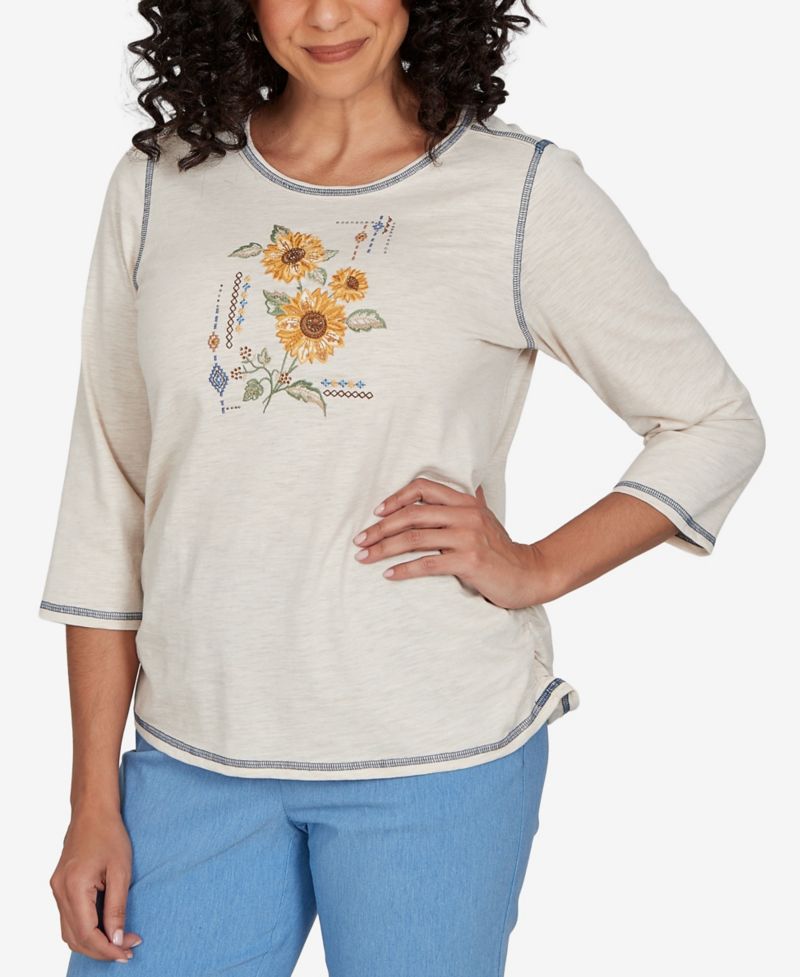 Petite Sunflower-Embroidery Crewneck 3/4-Sleeve Cotton-Blend T-Shirt