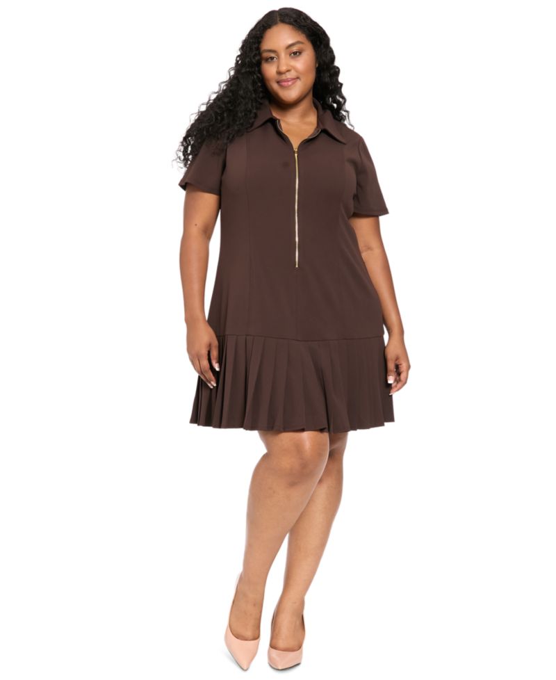 Plus Size Collared Short-Sleeve Pleated Dress