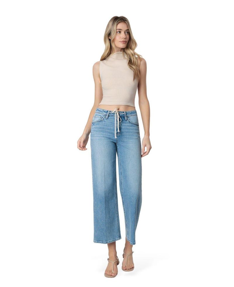 Women's High Rise Trouser Fold Drawstring Crop Wide Leg Jeans