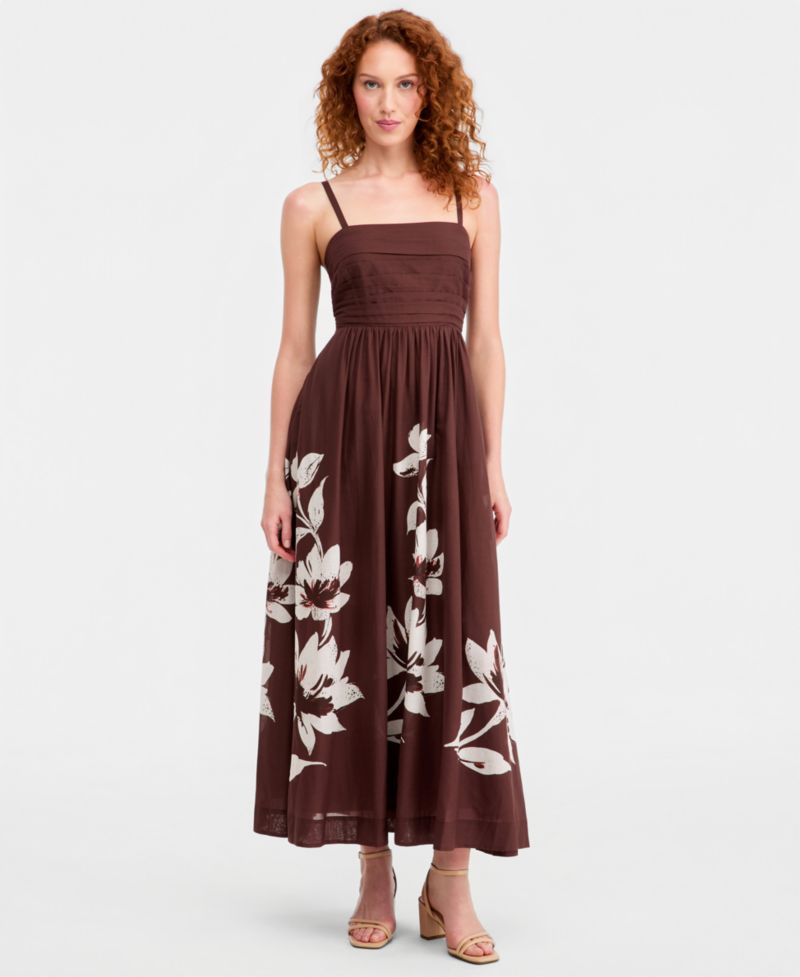Women's Pleated-Bodice Printed Cotton Maxi Dress