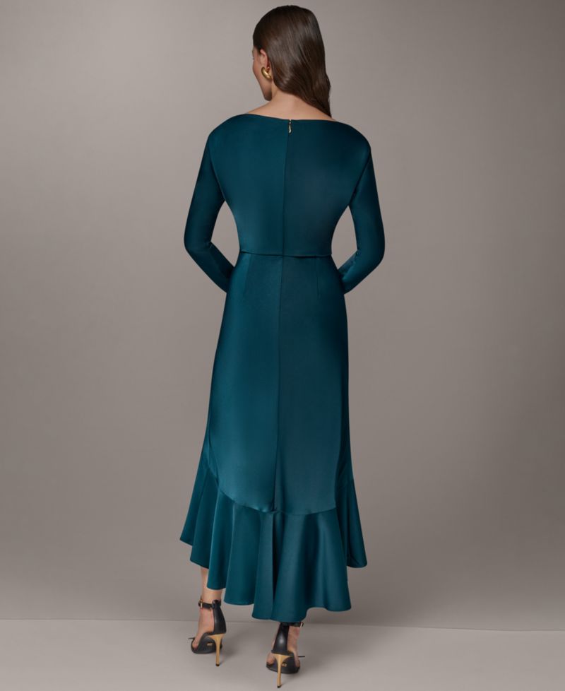 Women's Long-Sleeve Satin High-Low Flounce Hem Dress