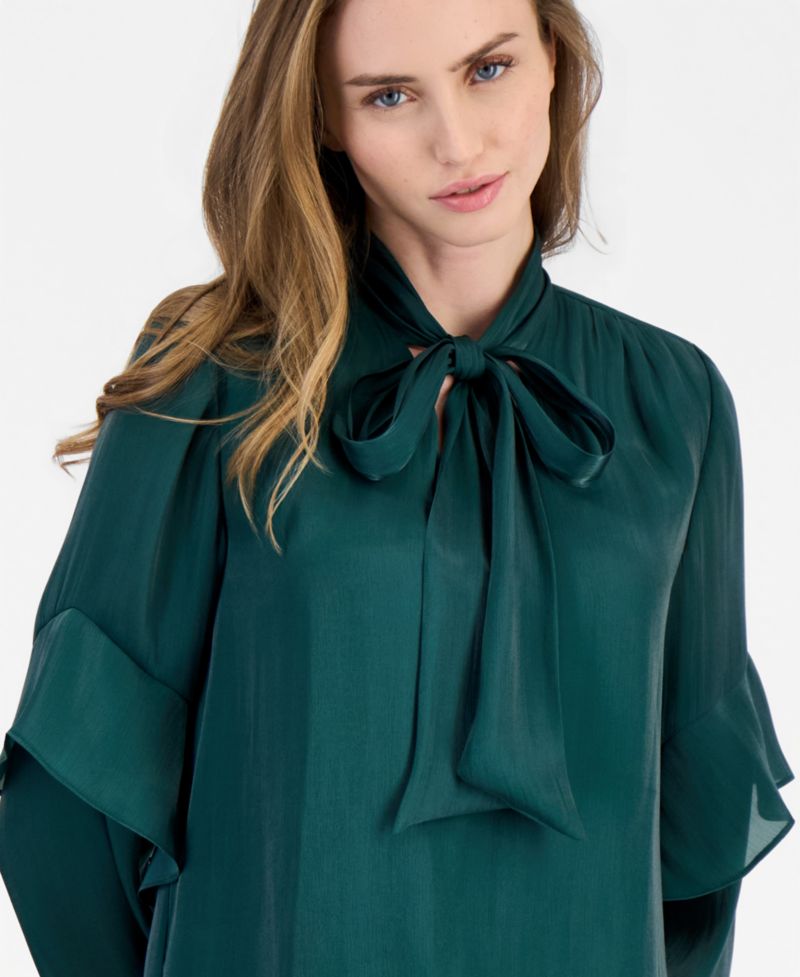 Women's Bow Tie Long-Sleeve Ruffle Blouse