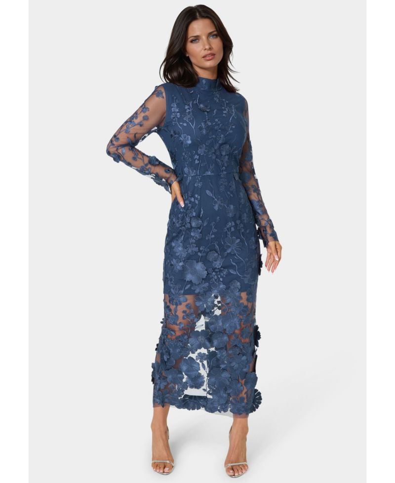 Women's 3D Floral Mock Neck Midi Dress