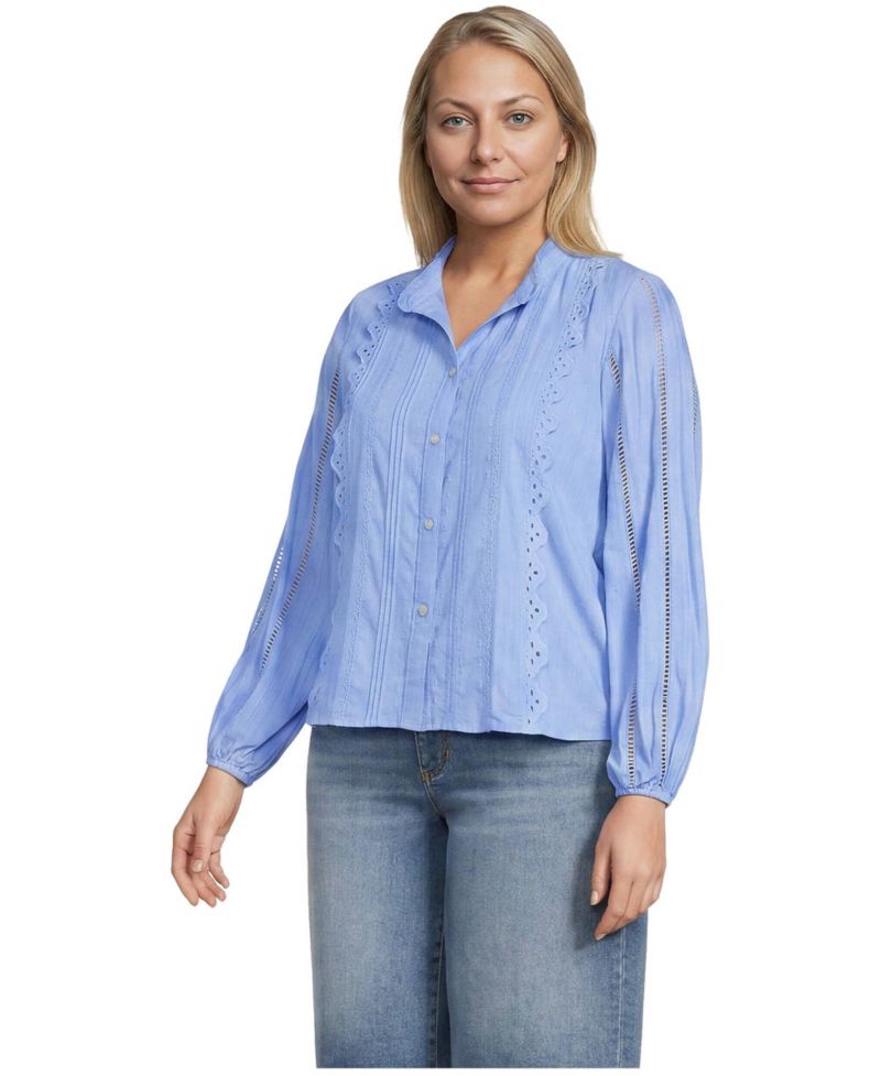 Plus Size Ruffle-Neck Pintuck with Embroidery and Lace Long-Sleeve Shirt