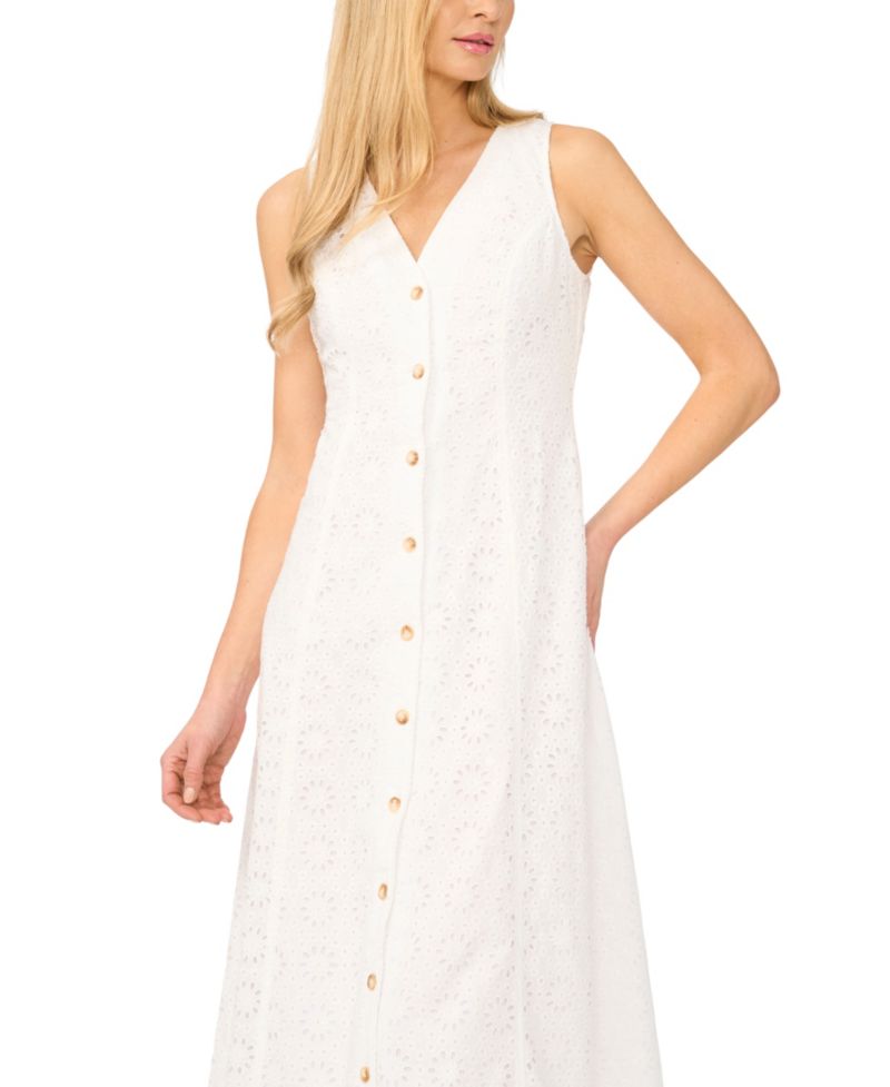 Women's V-Neck Sleeveless Button-Down Cotton Midi Dress