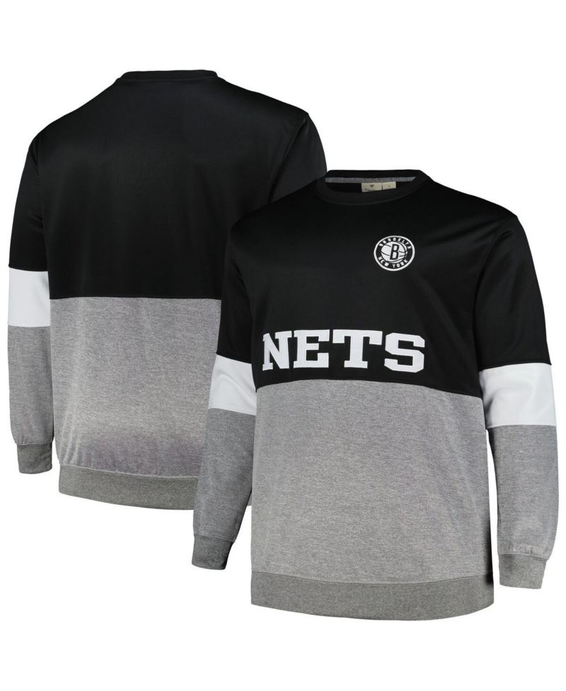 Men's Black, Heather Gray Brooklyn Nets Big and Tall Split Pullover Sweatshirt