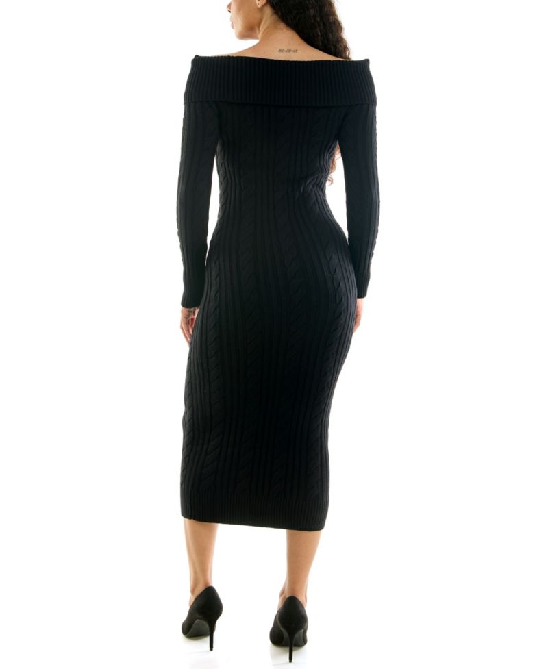 Juniors' Off-the-Shoulder Long-Sleeve Mixed-Stitch Midi Dress