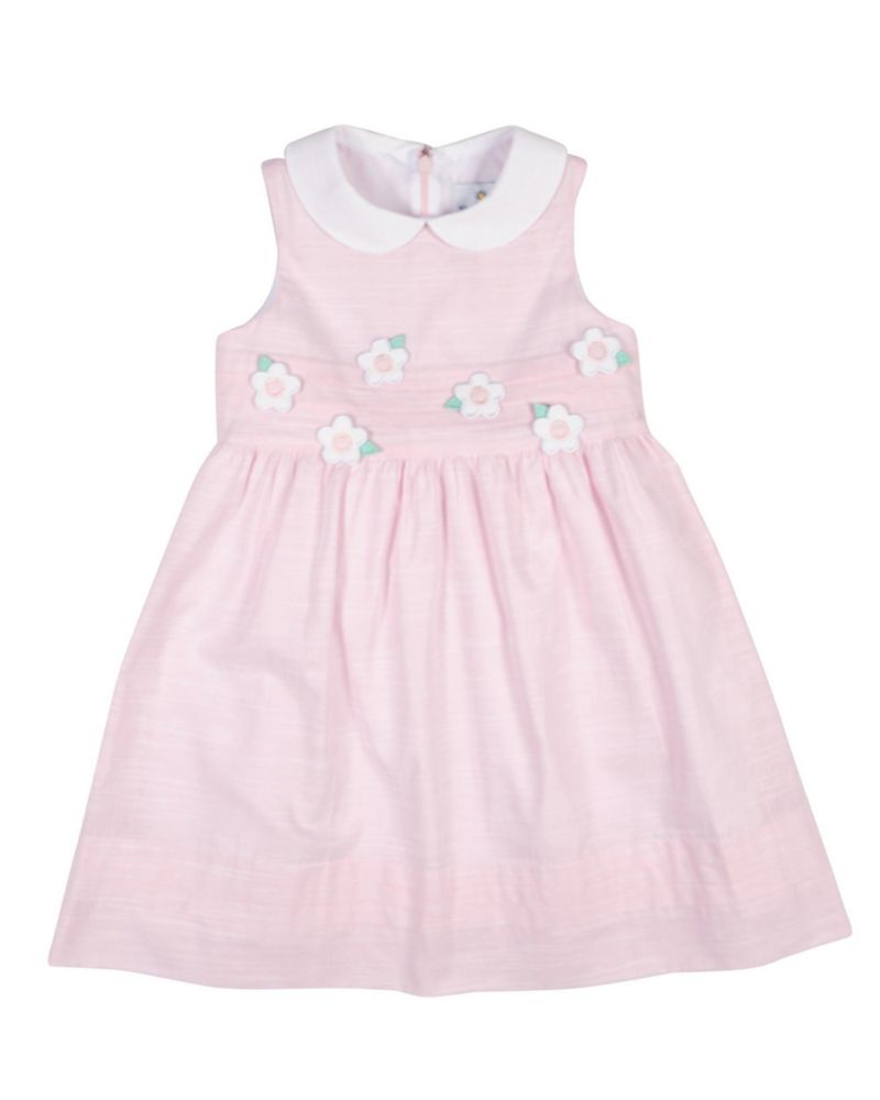 Little Girls Linen Look Dress With Flowers