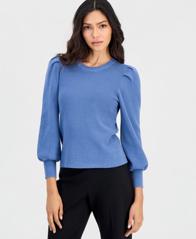 Women's Petite Puff-Sleeve Crewneck Sweater