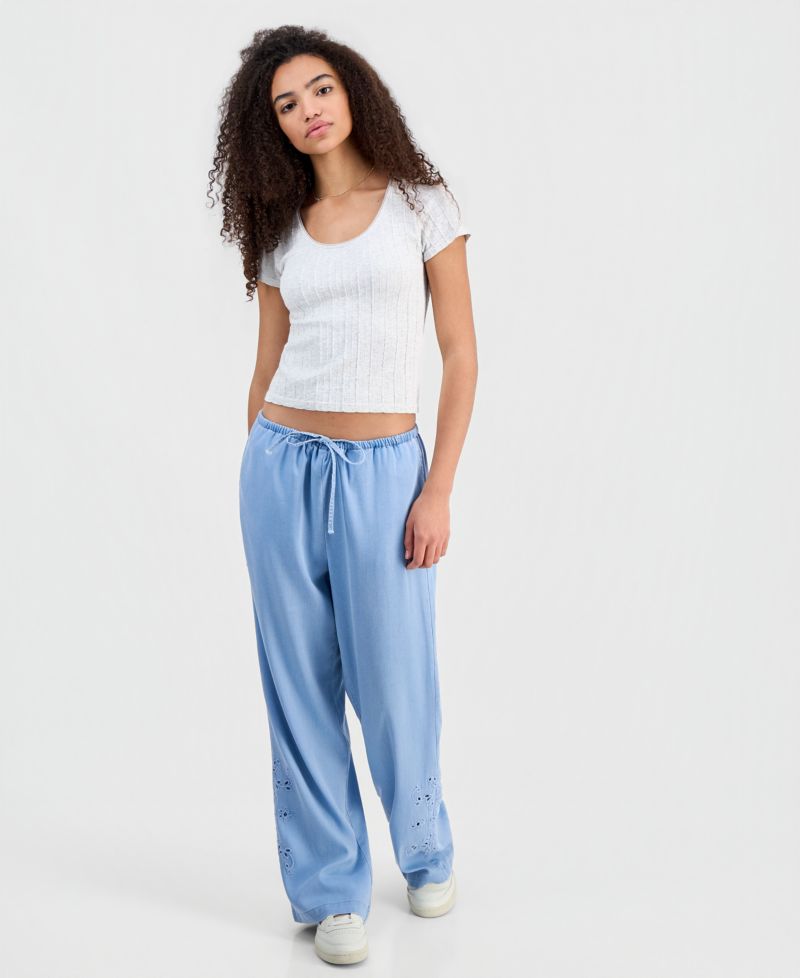 Juniors' Chambray Eyelet-Hem Drawstring Pants