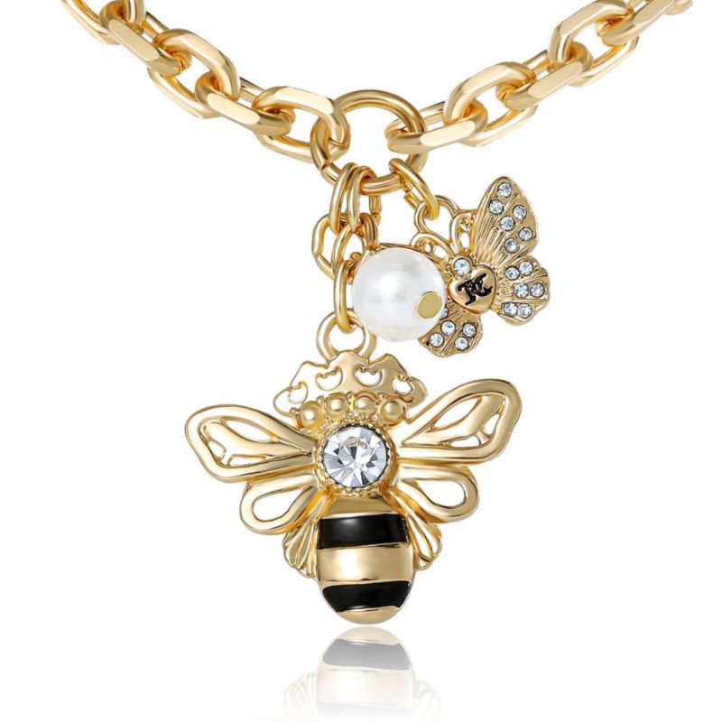 Charm Cluster Bee Necklace, Gold Tone with Crystal Butterfly and Pearl Accents