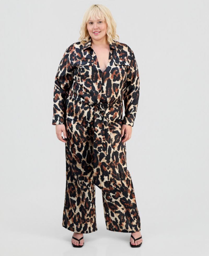 Trendy Plus Size Satin Shirt & Matching Pants Set