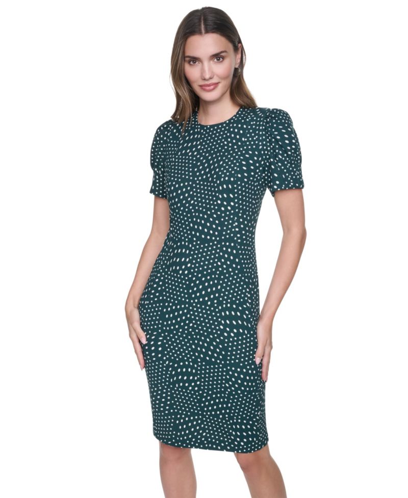 Women's Puff-Sleeve Polka-Dot Knee-Length Dress